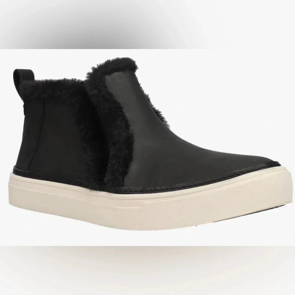 TOMS Leather Bryce Slip On Black boot Sneakers Shoes Casual faux fur Sz 10